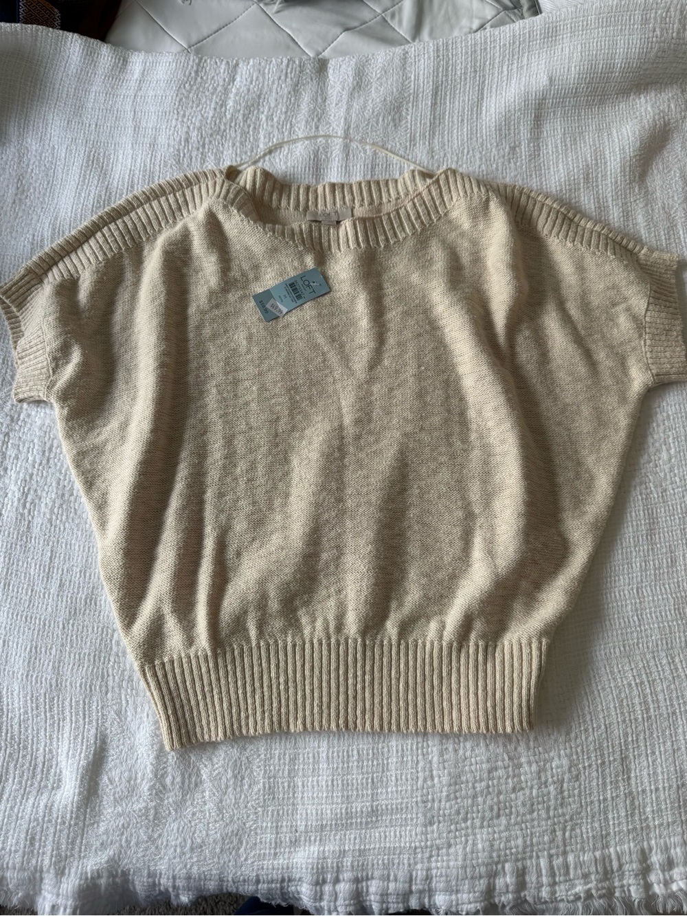 LOFT Cream Short-Sleeve Ribbed Hem Knit Top - Picture 3 of 7